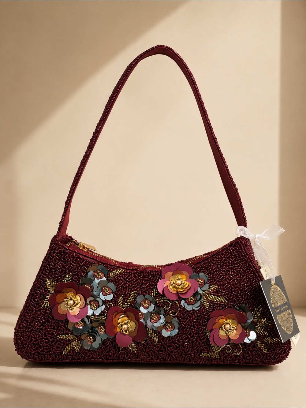 Beaded Floral Shoulder Bag in Deep Wine